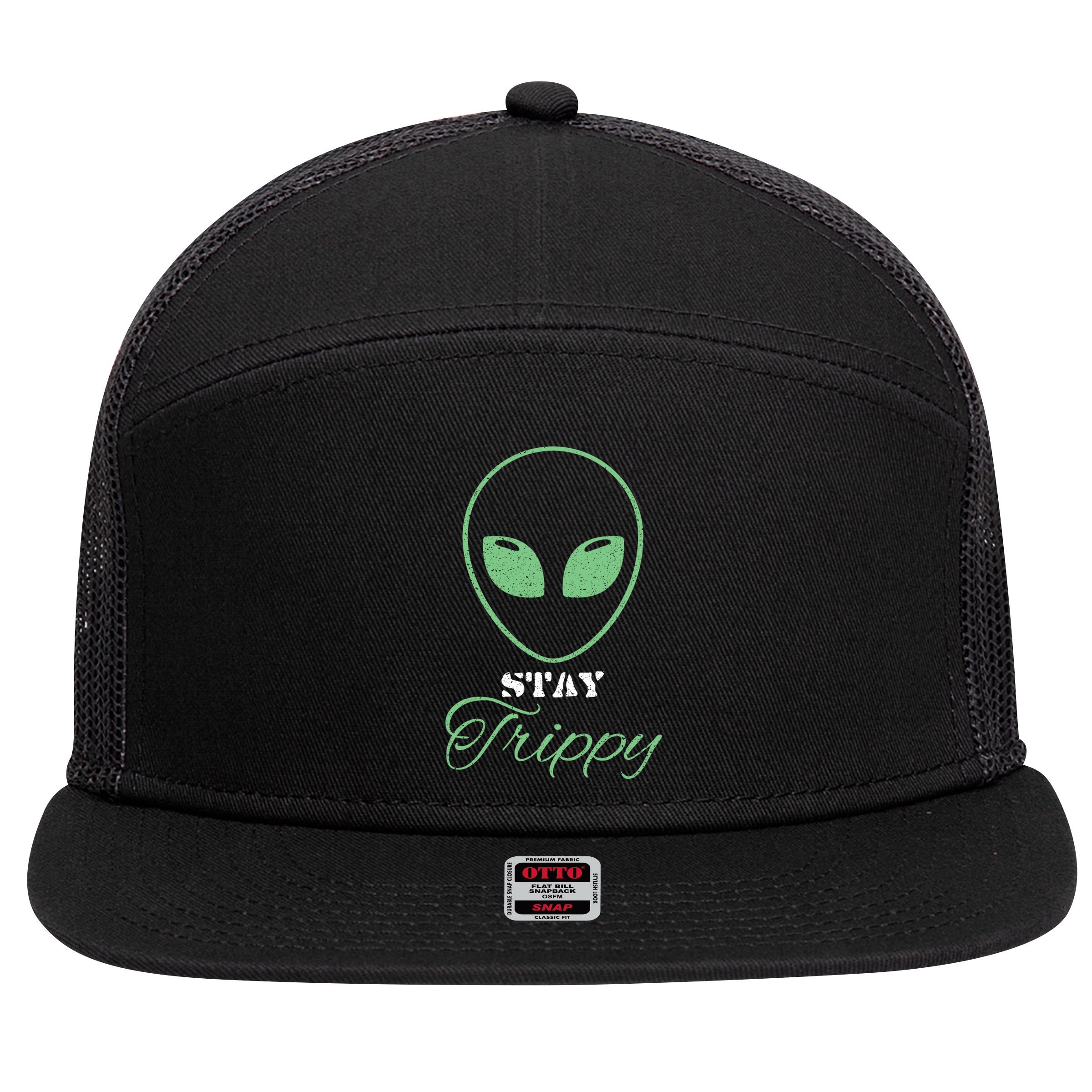 Stay Trippy Distressed Design Funny Green Alien Ufo Great Gift 7 Panel Mesh Trucker Snapback Hat
