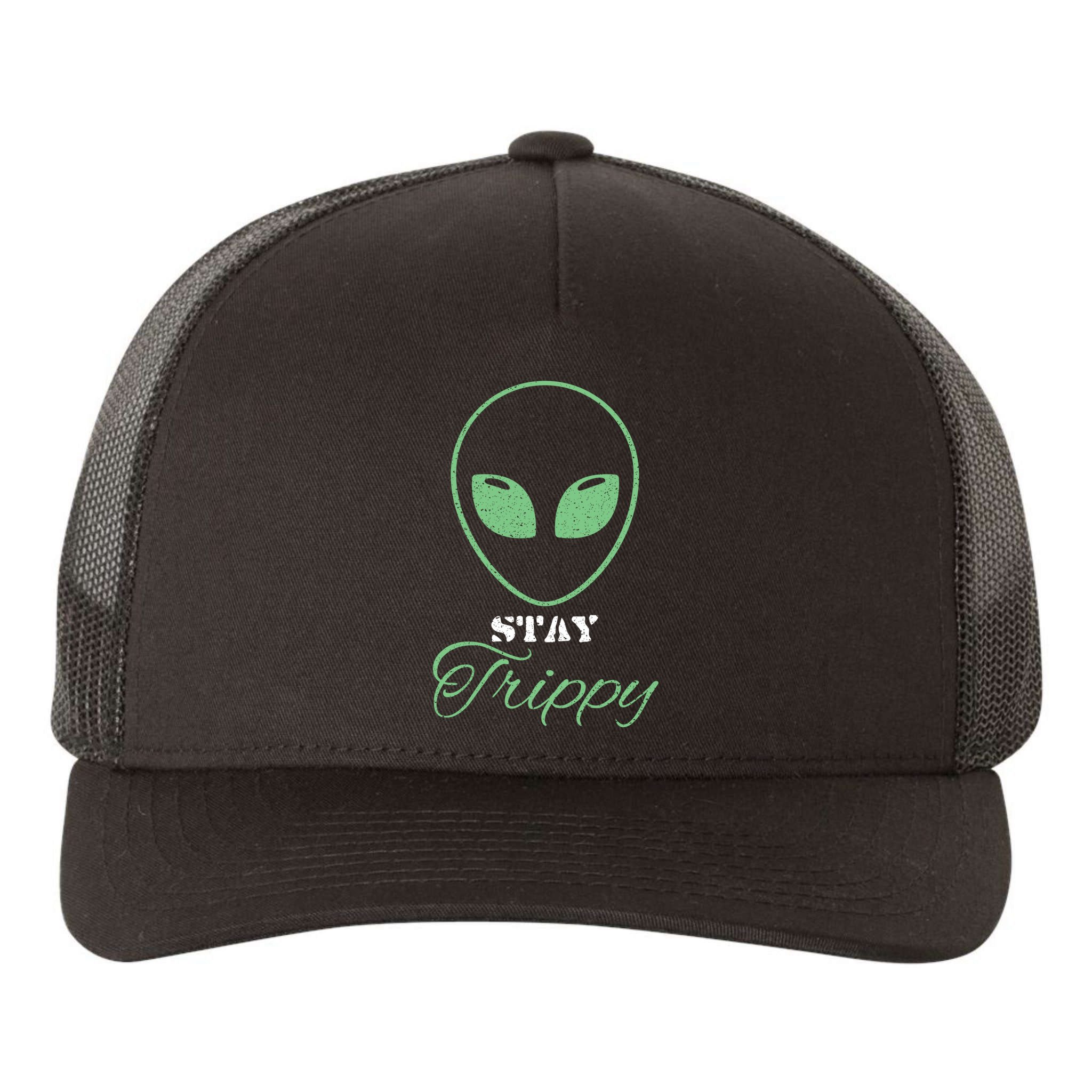 Stay Trippy Distressed Design Funny Green Alien Ufo Great Gift Yupoong Adult 5-Panel Trucker Hat