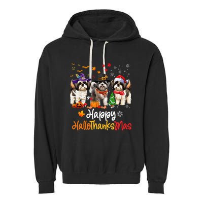 Shih Tzu Dog Halloween Christmas Happy Hallothanksmas Garment-Dyed Fleece Hoodie