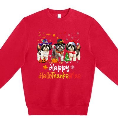 Shih Tzu Dog Halloween Christmas Happy Hallothanksmas Premium Crewneck Sweatshirt