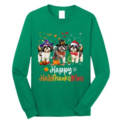 Shih Tzu Dog Halloween Christmas Happy Hallothanksmas Long Sleeve Shirt