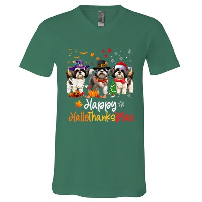 Shih Tzu Dog Halloween Christmas Happy Hallothanksmas V-Neck T-Shirt