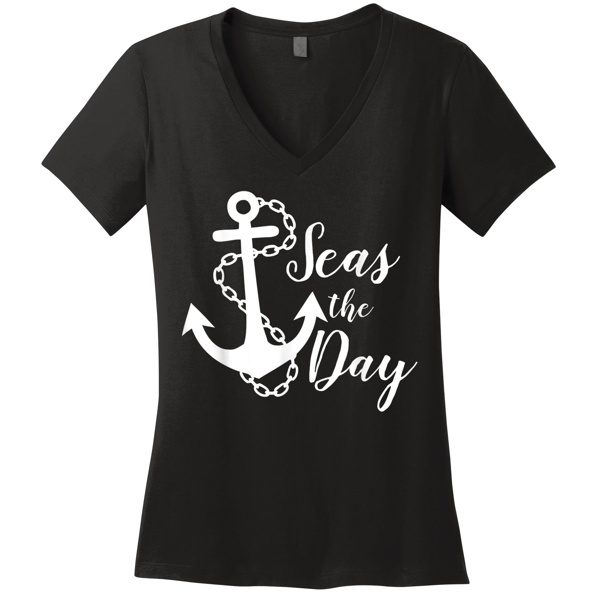 Seas The Day Nautical Anchor Cruise Vacation Women's V-Neck T-Shirt