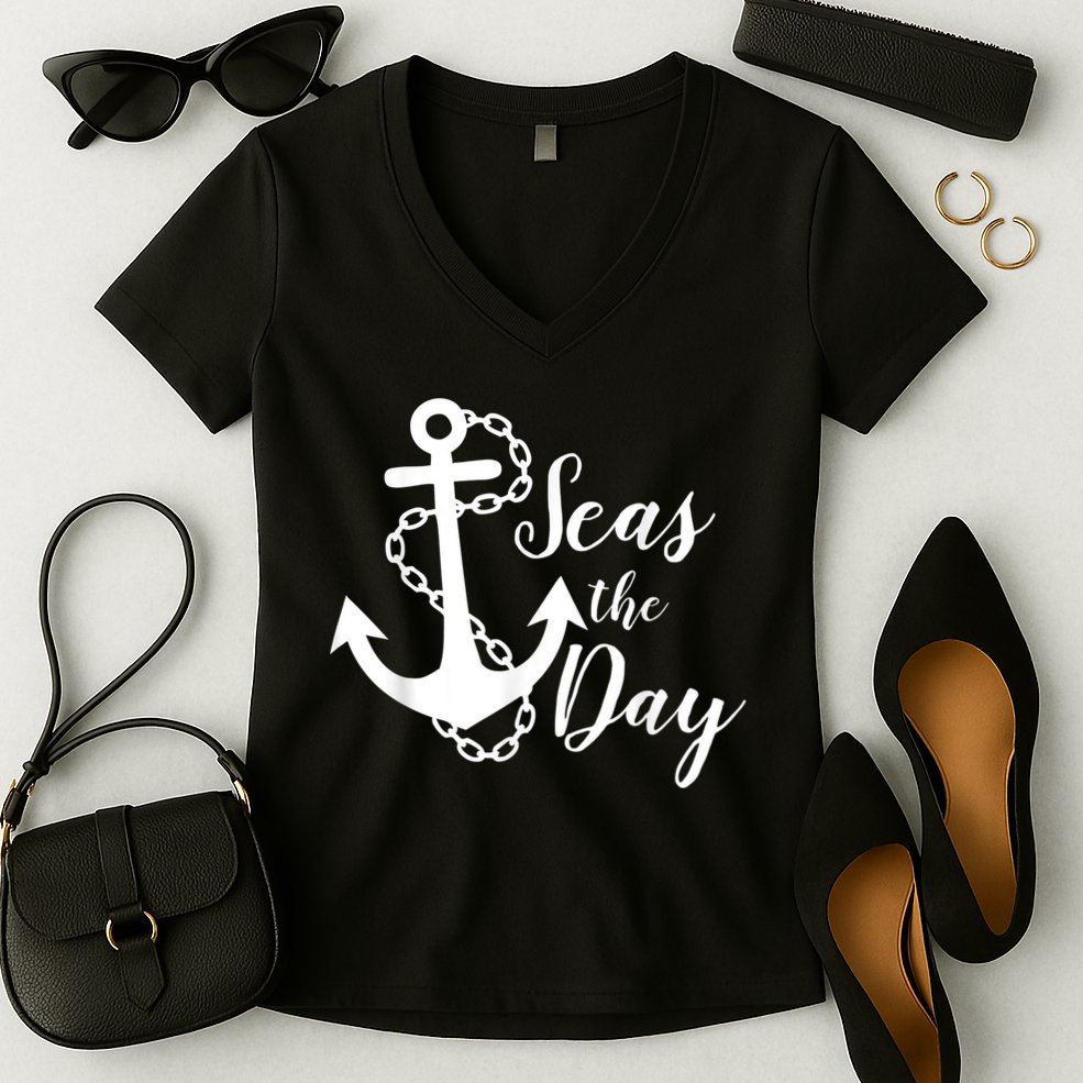 Seas The Day Nautical Anchor Cruise Vacation Women's V-Neck T-Shirt