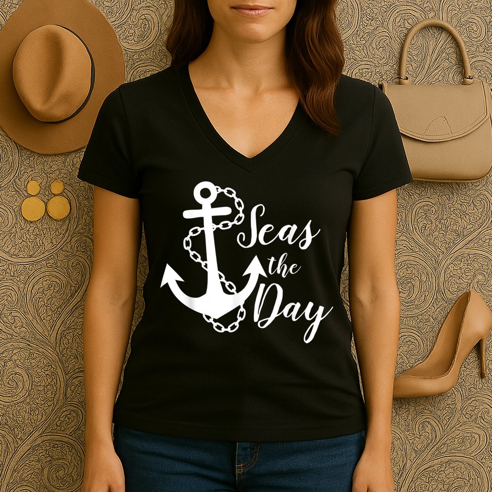 Seas The Day Nautical Anchor Cruise Vacation Women's V-Neck T-Shirt