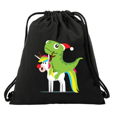 Santasaurus Trex Dinosaur Riding Reindeer Unicorn Christmas Gift Drawstring Bag