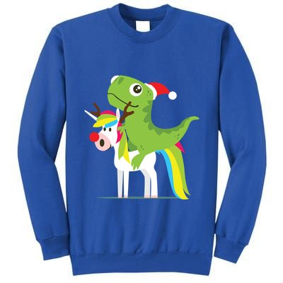 Santasaurus Trex Dinosaur Riding Reindeer Unicorn Christmas Gift Tall Sweatshirt