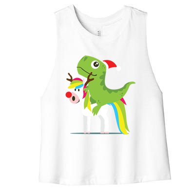 Santasaurus Trex Dinosaur Riding Reindeer Unicorn Christmas Gift Women's Racerback Cropped Tank