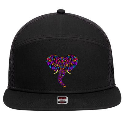 Save The Elephants Ornate Colorful Elephant Head 7 Panel Mesh Trucker Snapback Hat