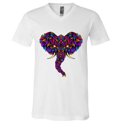 Save The Elephants Ornate Colorful Elephant Head V-Neck T-Shirt