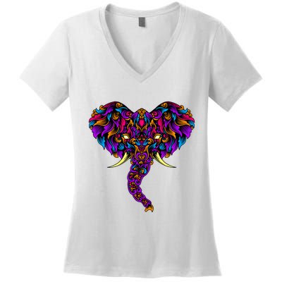 Save The Elephants Ornate Colorful Elephant Head Women's V-Neck T-Shirt