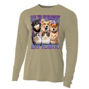 Save The Environment Eat Plastic Funny Pet Meme Cooling Performance Long Sleeve Crew