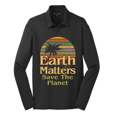 Save The Environment Planet Retro Vintage Sunset Earth Day Silk Touch Performance Long Sleeve Polo