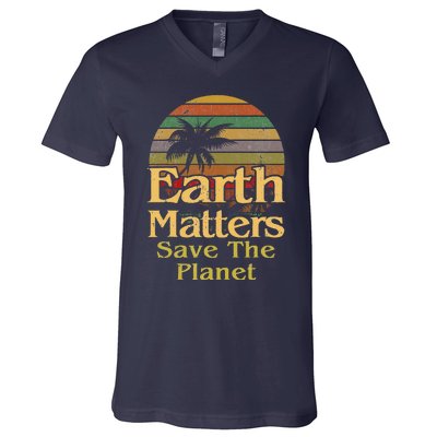 Save The Environment Planet Retro Vintage Sunset Earth Day V-Neck T-Shirt