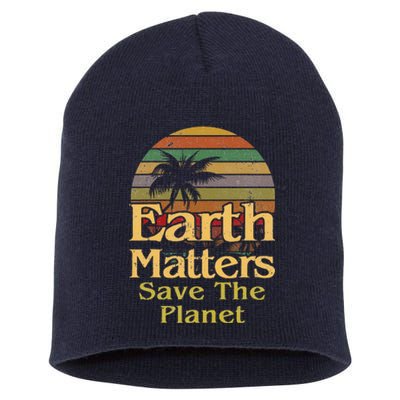 Save The Environment Planet Retro Vintage Sunset Earth Day Short Acrylic Beanie