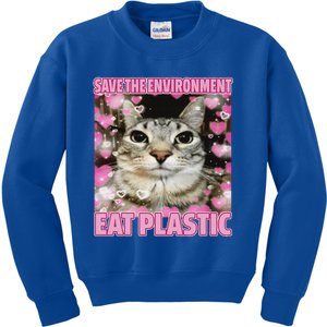 Save The Environment Eat Plastic Cat Kids Sweatshirt