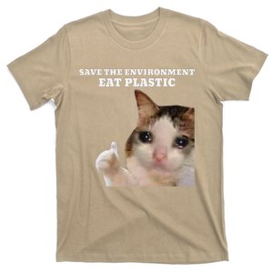 Save The Environment Eat Plastic Funny Cute Cat Meme T-Shirt