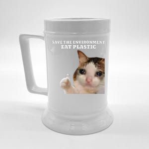 Save The Environment Eat Plastic Funny Cute Cat Meme Beer Stein