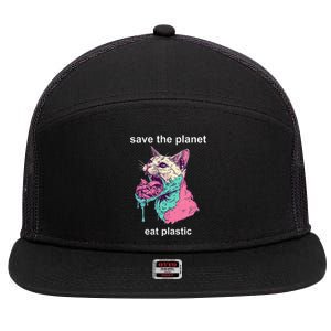 Save The Environment Eat Plastic Cute Funny Sarcastic Cat 7 Panel Mesh Trucker Snapback Hat