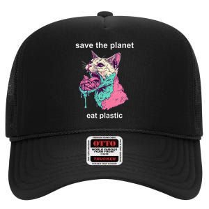 Save The Environment Eat Plastic Cute Funny Sarcastic Cat High Crown Mesh Back Trucker Hat