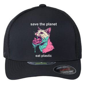 Save The Environment Eat Plastic Cute Funny Sarcastic Cat Flexfit Unipanel Trucker Cap