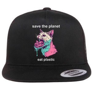 Save The Environment Eat Plastic Cute Funny Sarcastic Cat Flat Bill Trucker Hat