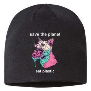 Save The Environment Eat Plastic Cute Funny Sarcastic Cat Sustainable Beanie