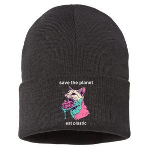 Save The Environment Eat Plastic Cute Funny Sarcastic Cat Sustainable Knit Beanie