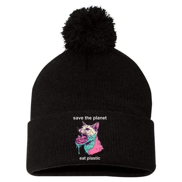 Save The Environment Eat Plastic Cute Funny Sarcastic Cat Pom Pom 12in Knit Beanie