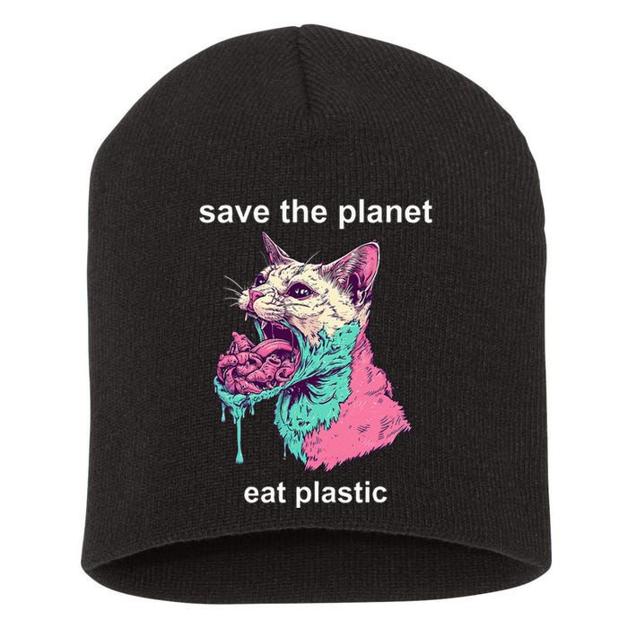 Save The Environment Eat Plastic Cute Funny Sarcastic Cat Short Acrylic Beanie