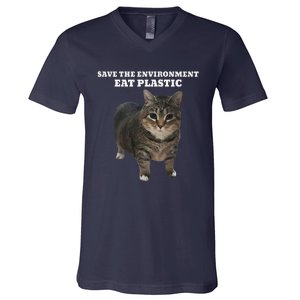 Save The Environment Eat Plastic Cat Meme V-Neck T-Shirt