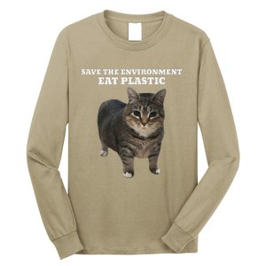 Save The Environment Eat Plastic Cat Meme Long Sleeve Shirt