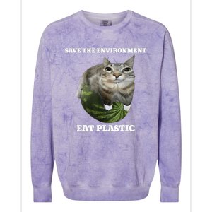 Save The Environment Eat Plastic Funny Cute Cat Meme Colorblast Crewneck Sweatshirt