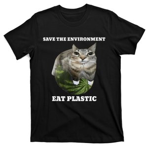 Save The Environment Eat Plastic Funny Cute Cat Meme T-Shirt