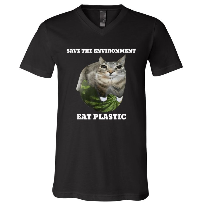 Save The Environment Eat Plastic Funny Cute Cat Meme V-Neck T-Shirt