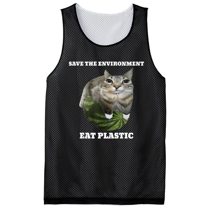 Save The Environment Eat Plastic Funny Cute Cat Meme Mesh Reversible Basketball Jersey Tank