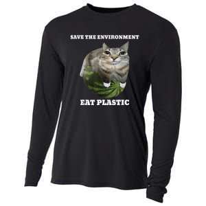 Save The Environment Eat Plastic Funny Cute Cat Meme Cooling Performance Long Sleeve Crew