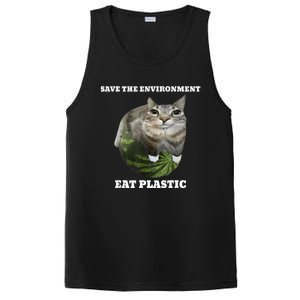 Save The Environment Eat Plastic Funny Cute Cat Meme PosiCharge Competitor Tank