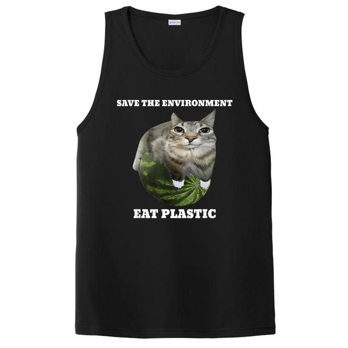 Save The Environment Eat Plastic Funny Cute Cat Meme PosiCharge Competitor Tank