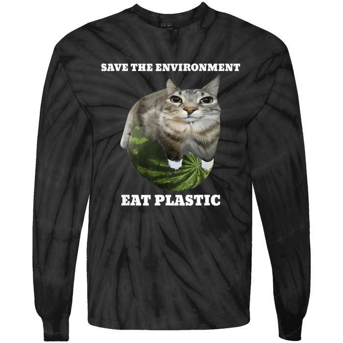 Save The Environment Eat Plastic Funny Cute Cat Meme Tie-Dye Long Sleeve Shirt