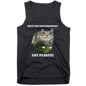 Save The Environment Eat Plastic Funny Cute Cat Meme Tank Top