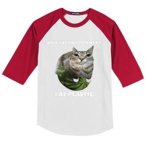 Save The Environment Eat Plastic Funny Cute Cat Meme Kids Colorblock Raglan Jersey