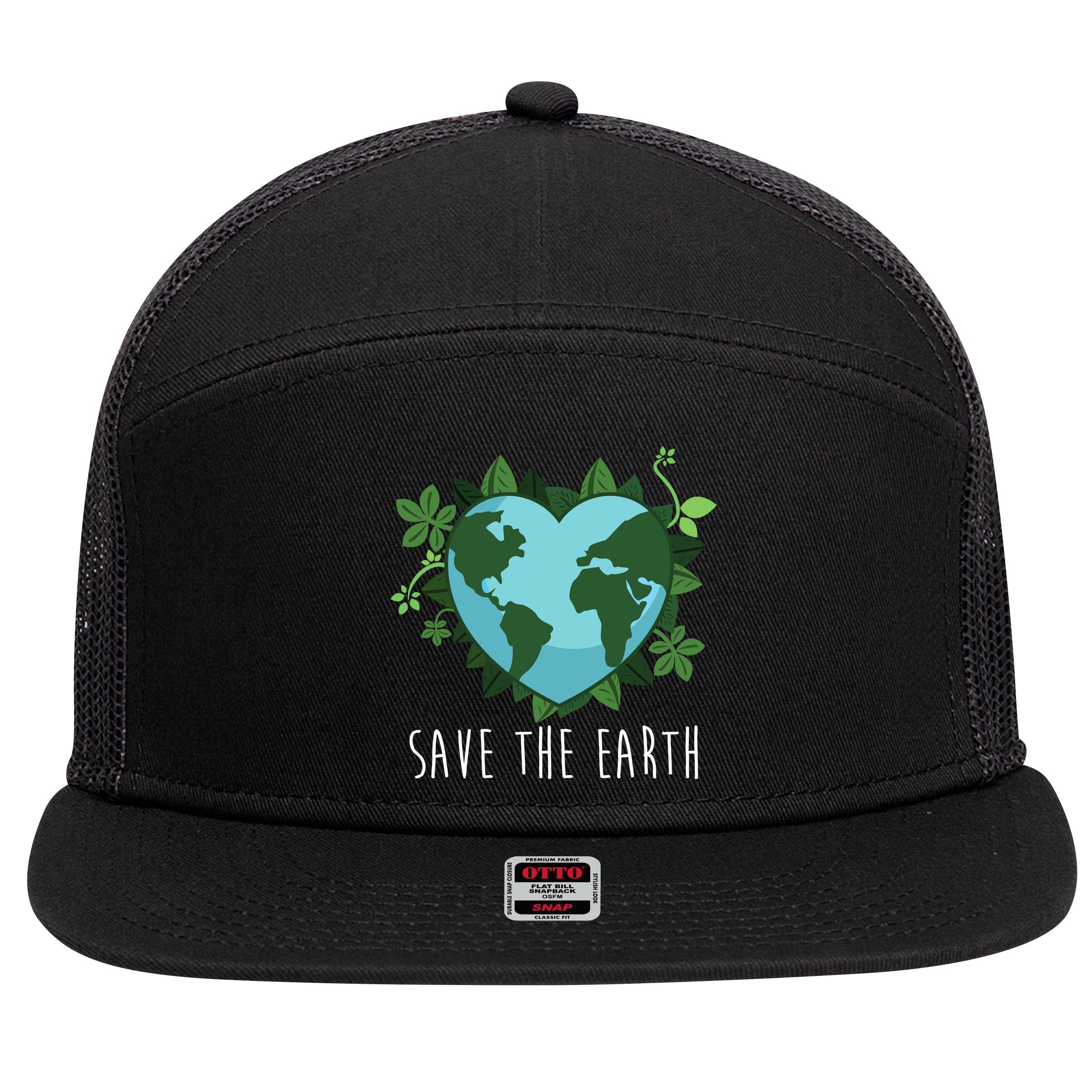 Save The Earth Planet Heart Earth Day 7 Panel Mesh Trucker Snapback Hat