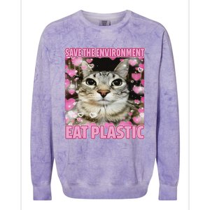 Save The Environment Eat Plastic Cat Cute Silly Kitty Meme Colorblast Crewneck Sweatshirt