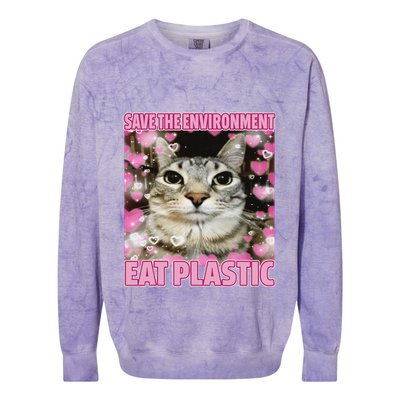Save The Environment Eat Plastic Cat Cute Silly Kitty Meme Colorblast Crewneck Sweatshirt