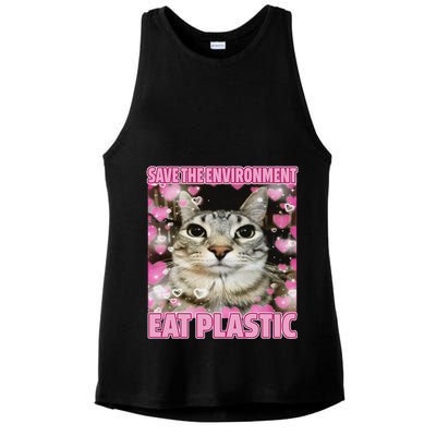 Save The Environment Eat Plastic Cat Cute Silly Kitty Meme Ladies PosiCharge Tri-Blend Wicking Tank