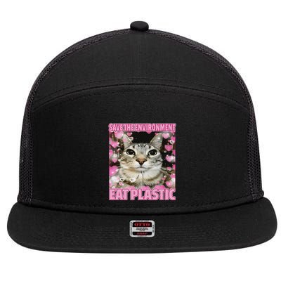 Save The Environment Eat Plastic Cat Cute Silly Kitty Meme 7 Panel Mesh Trucker Snapback Hat