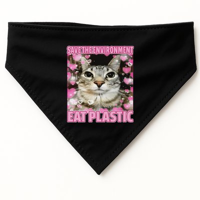 Save The Environment Eat Plastic Cat Cute Silly Kitty Meme USA-Made Doggie Bandana