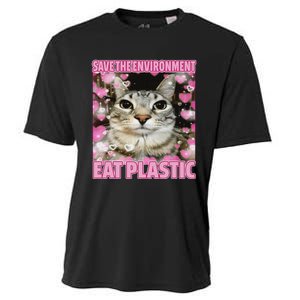 Save The Environment Eat Plastic Cat Cute Silly Kitty Meme Cooling Performance Crew T-Shirt