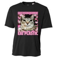 Save The Environment Eat Plastic Cat Cute Silly Kitty Meme Cooling Performance Crew T-Shirt